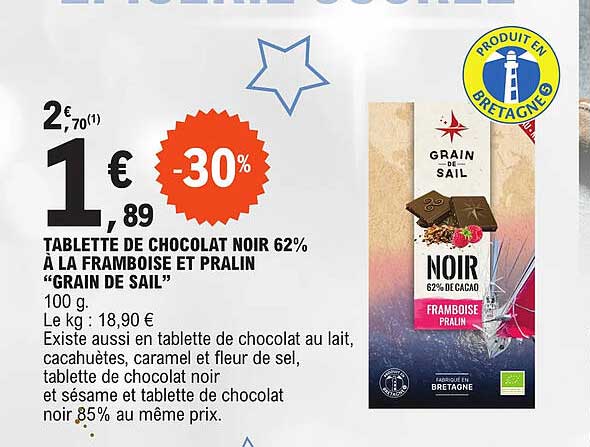 tablette de chocolat noir 62% à la  framboise et pralin "grain de sail"