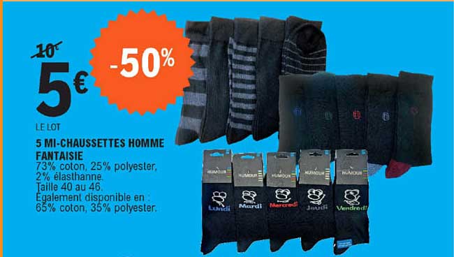 5 mi-chaussettes homme fantaisie