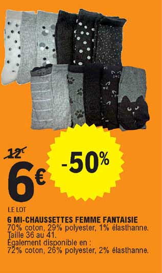 6 mi-chaussettes femme fantaisie