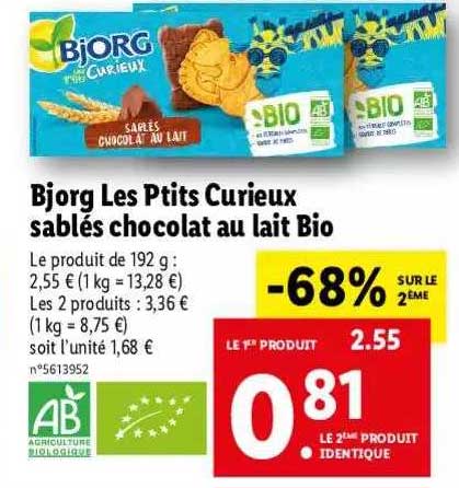 bjorg les ptits curieux sablés chocolat au lait bio