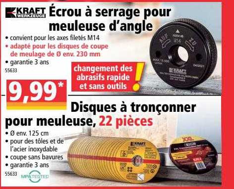 écrou à serrage pour meuleuse d'angle, disques à tronçonner pour meuleuse, 22 pièces kraft werkzeuge