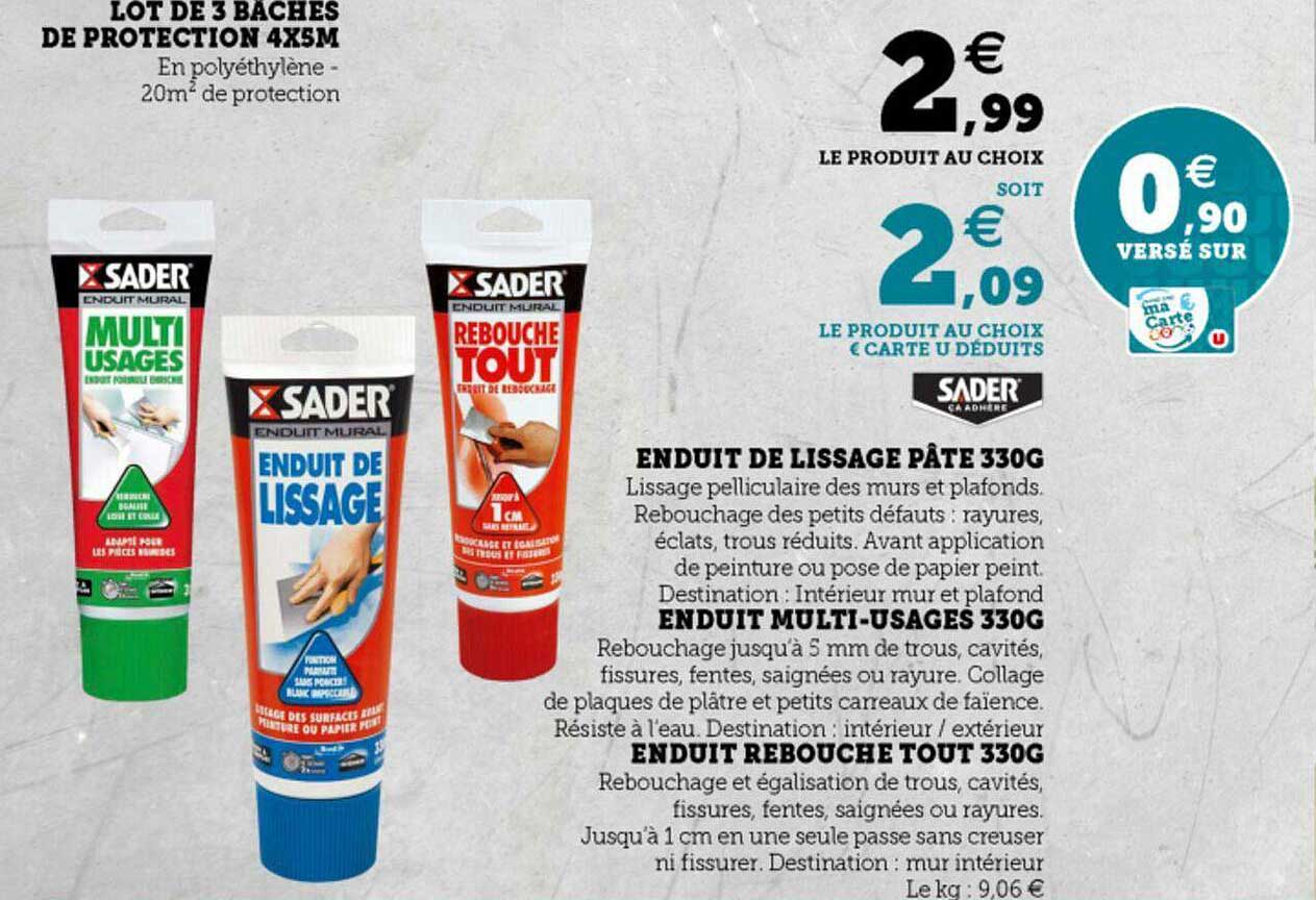 enduit de lissage pâte 330g, enduit multi-usages 330g, enduit rebouche tout 330g sader