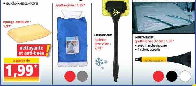 éponge antibuée, gratte-givre, raclette lave-vitre dunlop, gratte-givre dunlop