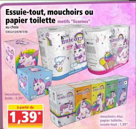 essuie-tout, mouchoirs ou papier toilette motifs "licornes"