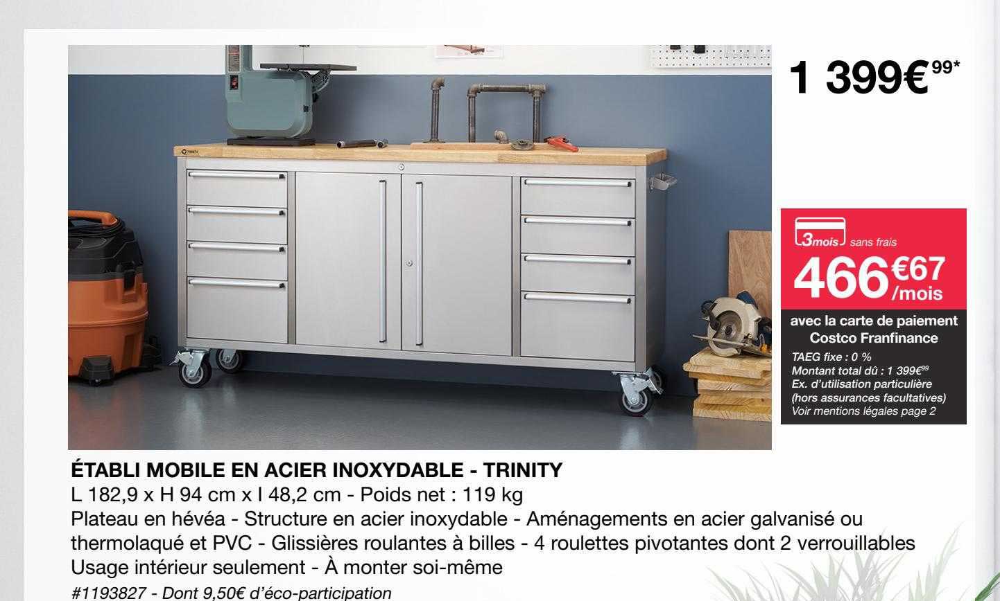 établi mobile en acier inoxydable - trinity