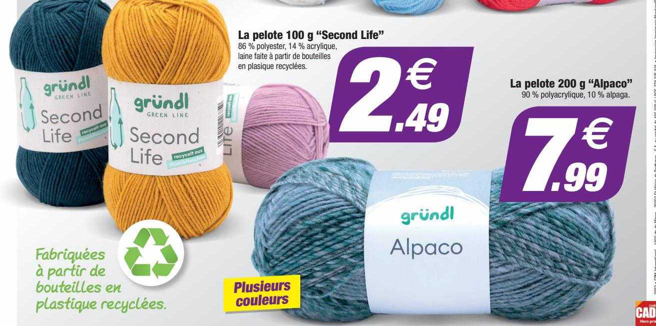 la pelote 100 g "second life", la pelote 200 g "alpaco"