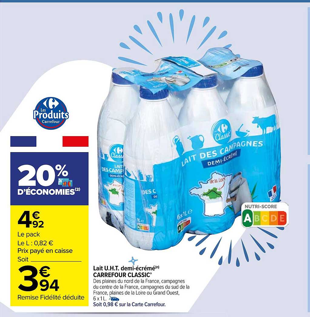 lait u.h.t. demi-écrémé carrefour classic'