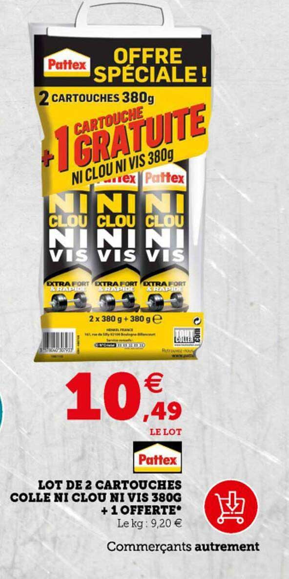lot de 2 cartouches colle ni clou ni vis 380g + 1 offerte pattex
