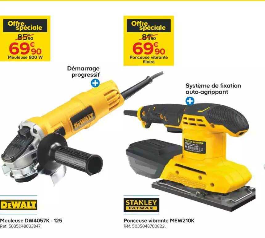 meuleuse dw4057k - 125 dewalt, ponceuse vibrante mew210k stanley fatmax
