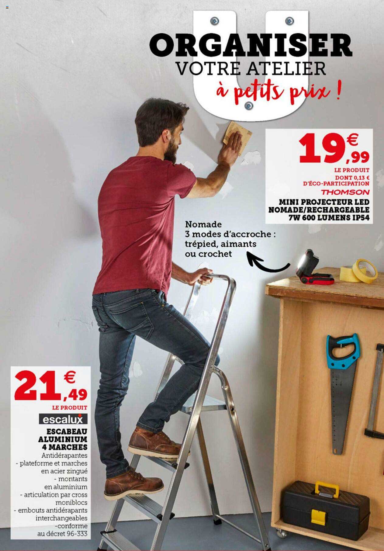 mini projecteur led nomade-rechargeable 7w 600 lumens ip54, escabeau aluminium 4 marches escalux