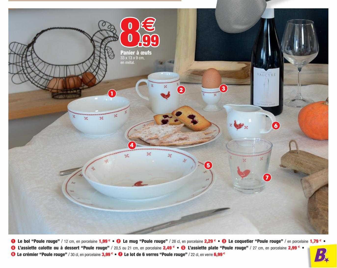 Panier à Oeufs , Le Bol "poule Rouge", Le Mug "poule Rouge", Le Coquetier "poule Rouge", L'assiette Calotte Ou à Dessert "poule Rouge", L'assiette Plate, Le Crémier, Le Lot De 6 Verres