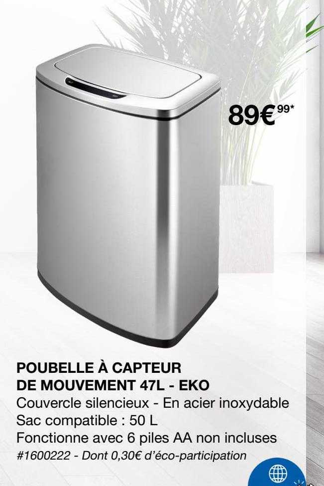 poubelle à capteur de mouvement 47l - eko