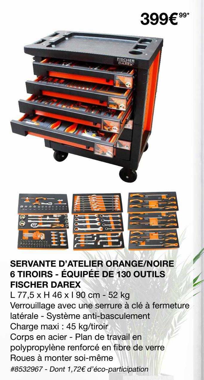 servante d'atelier orange - noire 6 tiroirs - équipée de 130 outils fisher darex