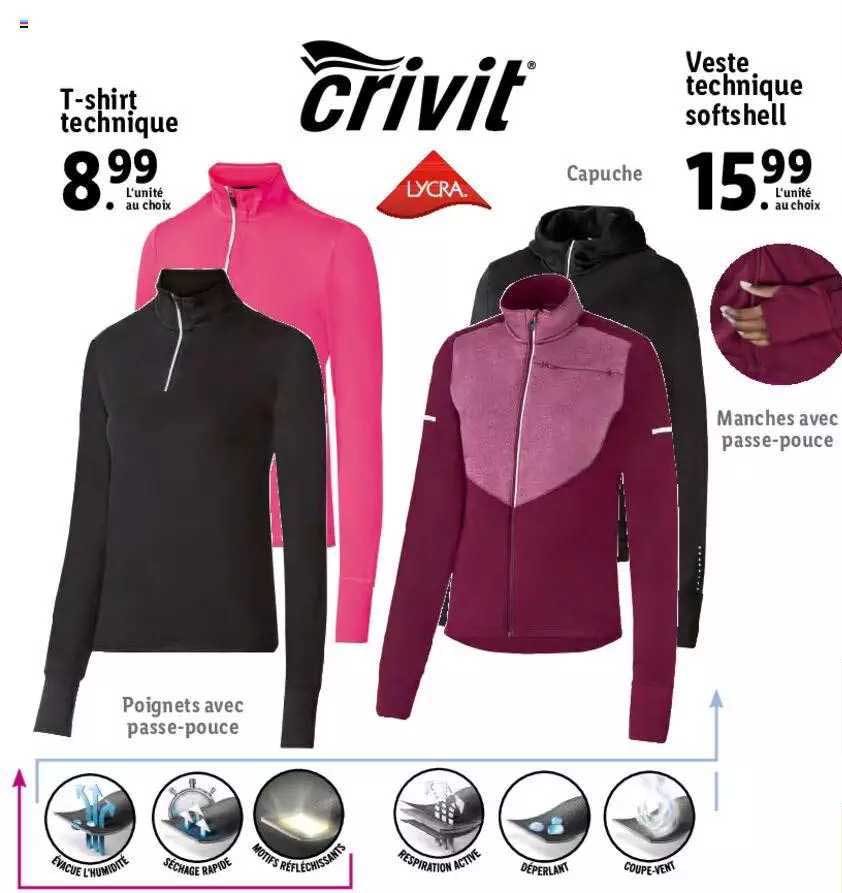 t-shirt technique, veste technique softshell crivit