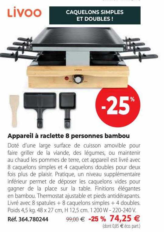 Appareil à Raclette 8 Personnes Bambou Livoo