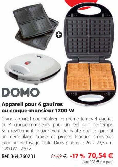 appareil pour 4 gaufres ou croque-monsieur 1200 w domo