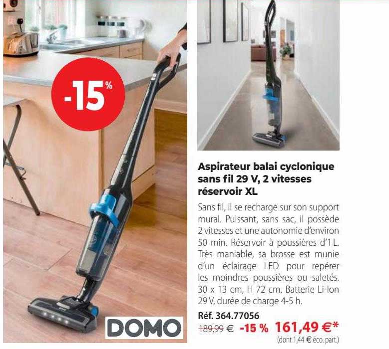 Aspirateur Balai Cyclonique Sans Fil 29v, 2 Vitesses Réservoir Xl Domo