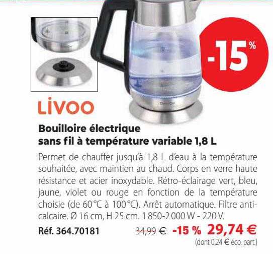 bouilloire électrique sans fil à température variable 1,8l livoo