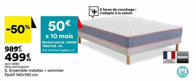 ensemble matelas + sommier festif 140 x 190 cm merinos