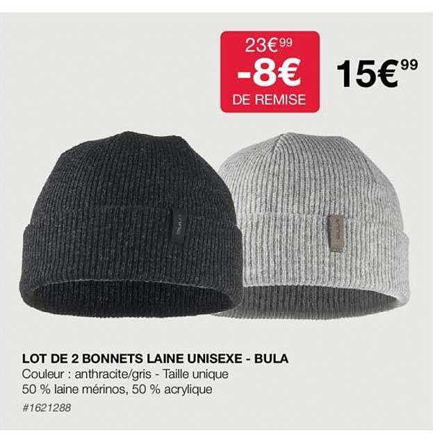 lot de 2 bonnets laine unisexe - bula