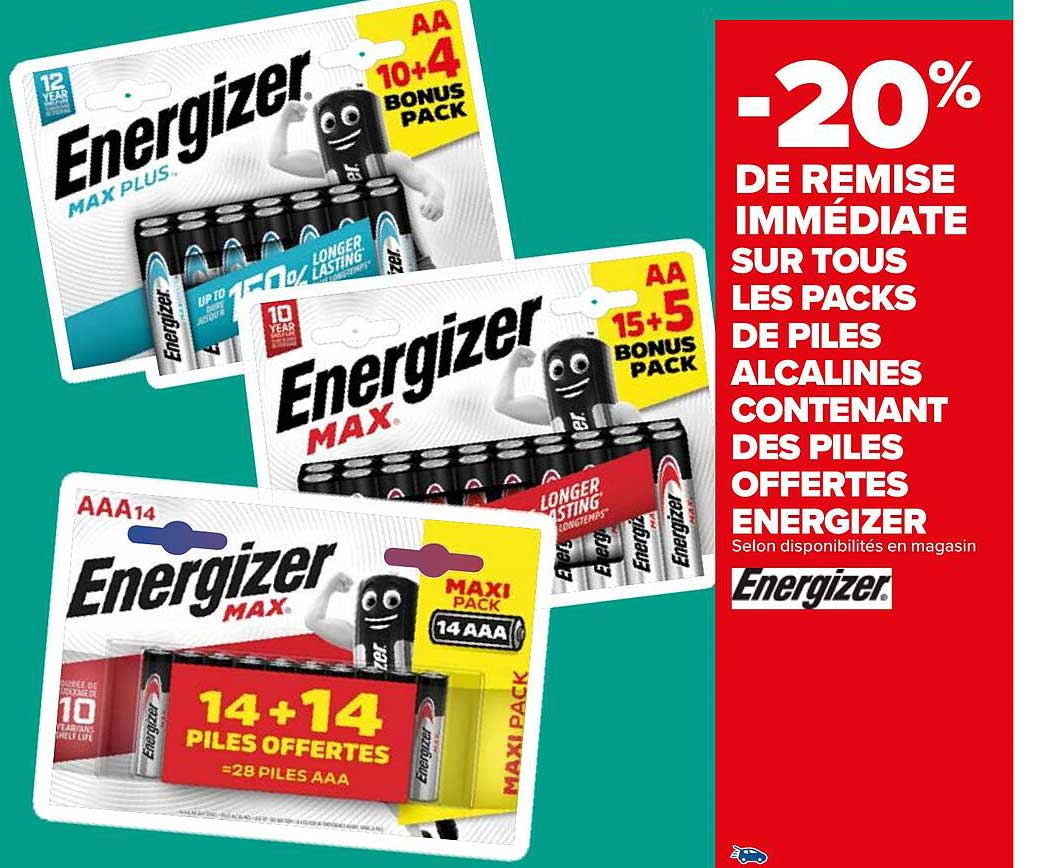 packs de piles alcalines contenant des piles offertes energizer