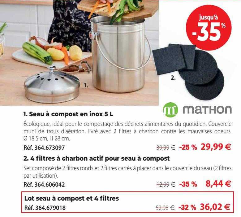 Seau à Compost En Inox 5l Mathon, 4 Filtres à Charbon Actif Pour Seau à Compost Mathon