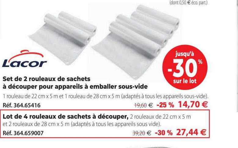 set de 1 rouleaux de sachets à découper pour appareils à emballer sous-vide lacor