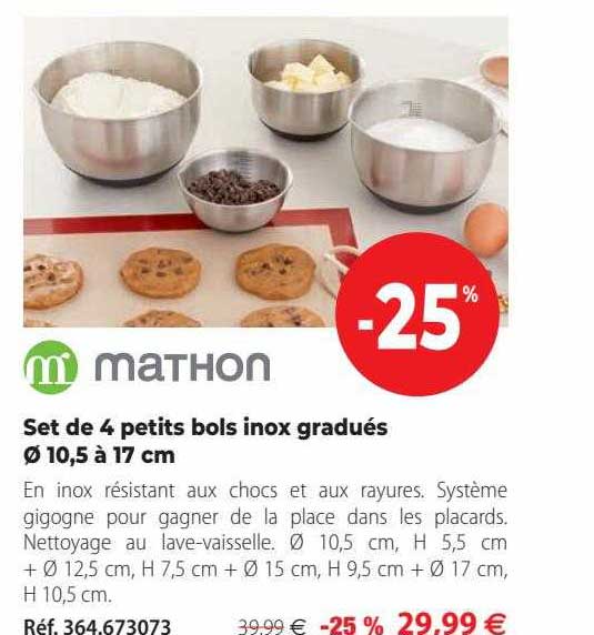set de 4 petits bols inox gradués ø 10,5 à 17 cm mathon