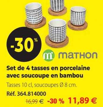 set de 4 tasses en porcelaine avec soucoupe en bambou mathon