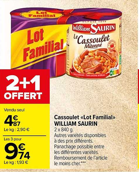 cassoulet lot familial william saurin 2+1 offert