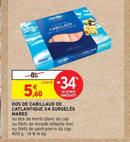 dos de cabillaud de l'atlantique x4 surgelés mares