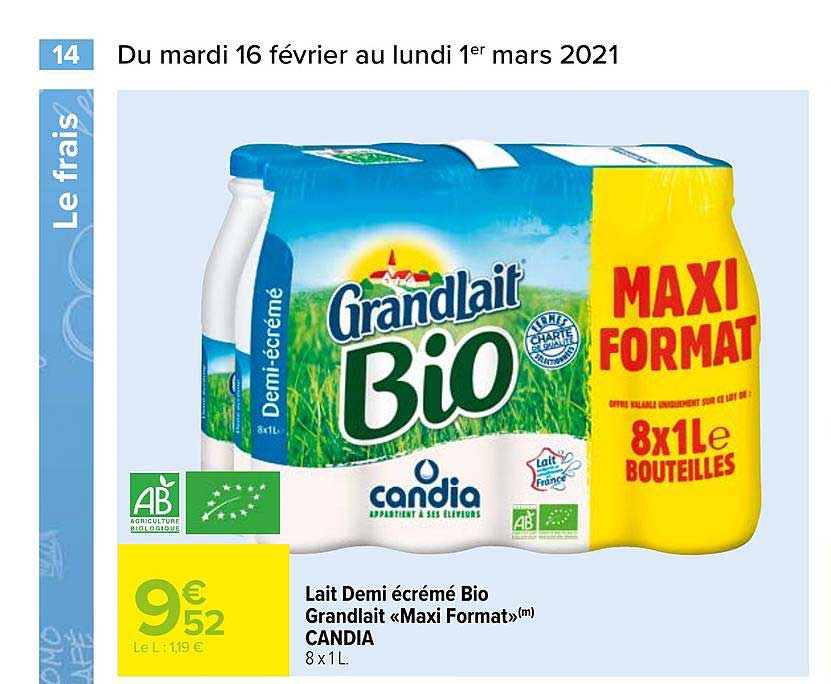Lait Demi écrémé Bio Grandlait Maxi Format Candia