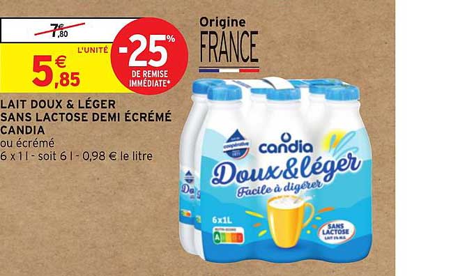 lait doux & léger sans lactose demi écrémé candia