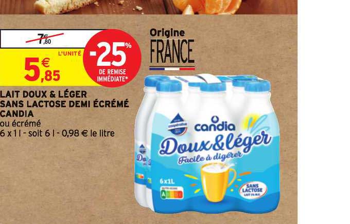 lait doux & léger sans lactose demi écrémé candia