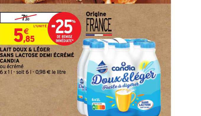 lait doux & léger sans lactose demi écrémé candia