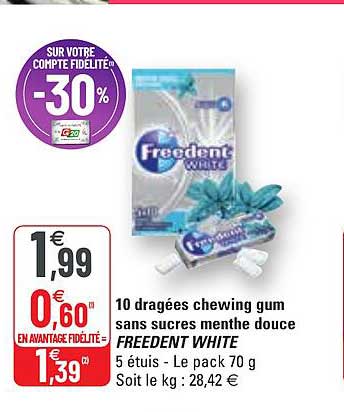 10 Dragées Chewing Gum Sans Sucres Menthe Douce Freedent White