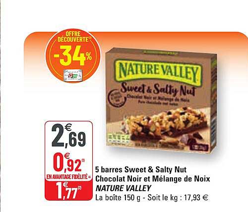 5 barres sweet & salty nut chocolat noir et mélange de noix nature valley