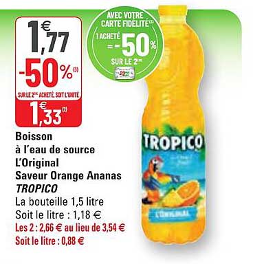 boisson à l'eau de source l'original saveur orange ananas tropico
