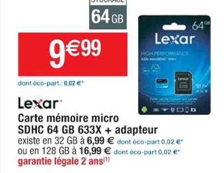 carte mémoire micro sdhc 64 gb 633x + adapteur lexar