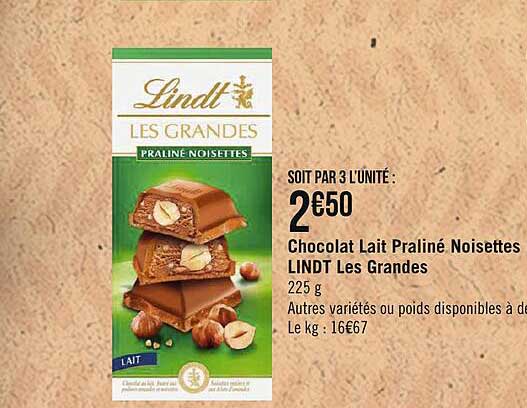 chocolat lait praliné noisettes lindt les grandes