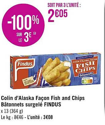 Colin D'alaska Façon Fish And Chips Bâtonnets Surgelé Findus