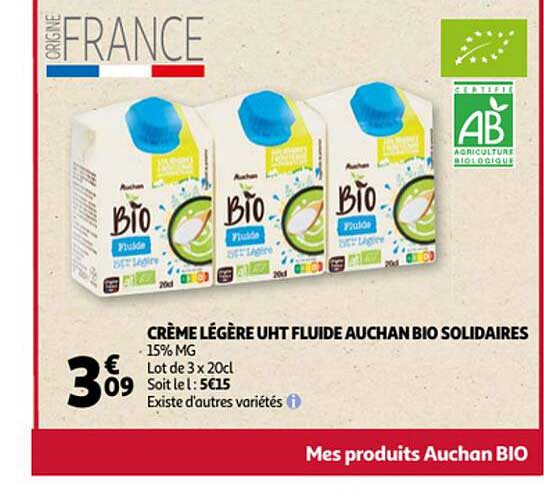 crème légère uht fluide auchan bio solidaires