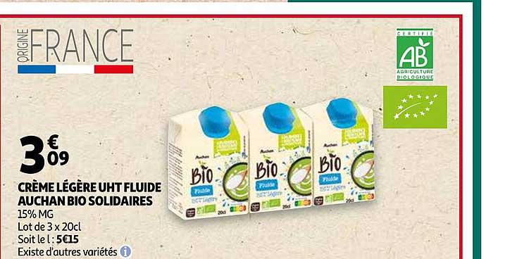 crème légère uht fluide auchan bio solidaires