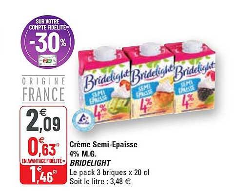 crème semi-épaisse 4% m.g. bridelight