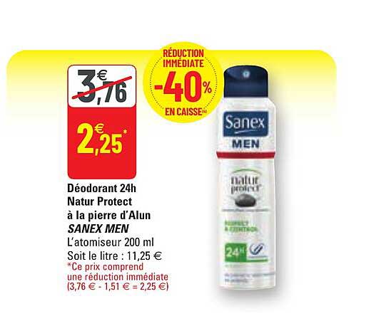 déodorant 24h nature protect à la pierre d'alun sanex men