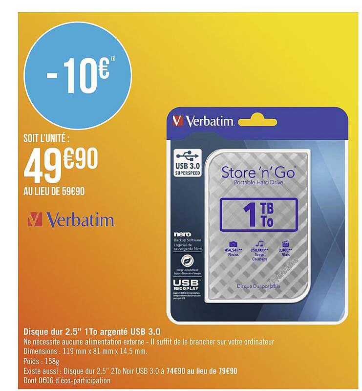disque dur 2.5" 1to argenté usb 3.0 verbatim