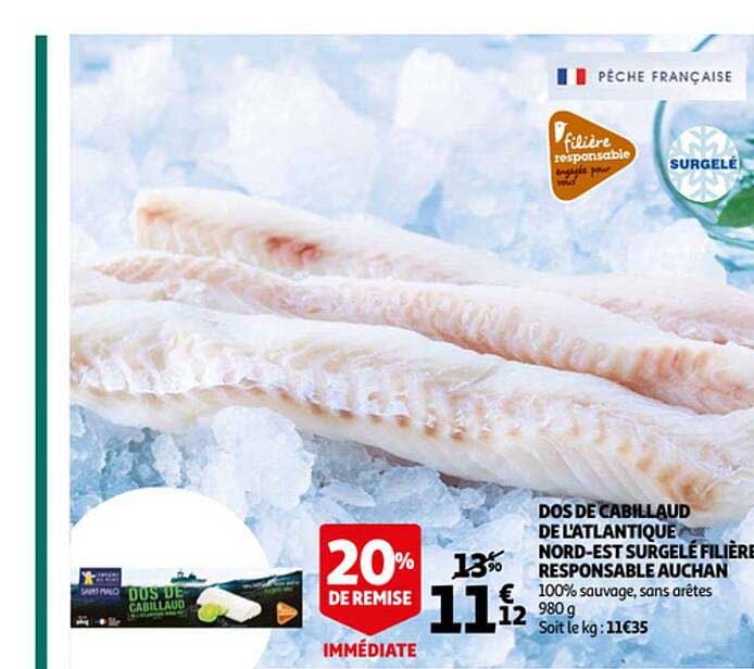 dos de cabillaud de l'atlantique nord-est surgelé filière responsable auchan