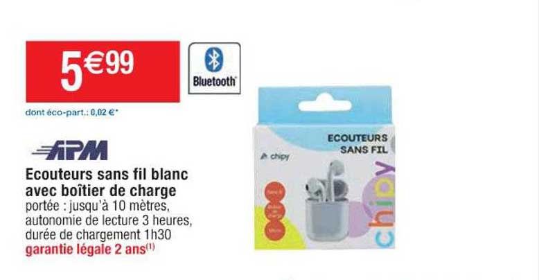 écouteurs sans fil blanc avec boîtier de charge apm