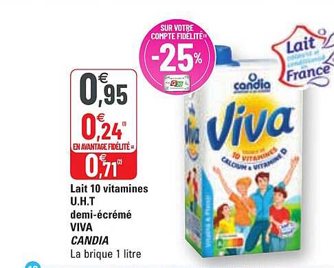 lait 10 vitamines u.h.t. demi-écrémé viva candia