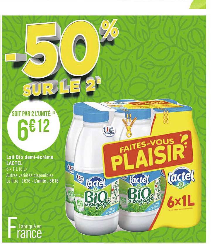 lait bio demi-écrémé lactel
